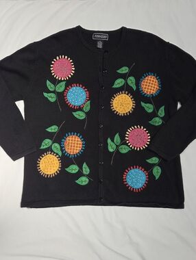 Vintage 90s Terazzo Floral Embroidered Cardigan 2X